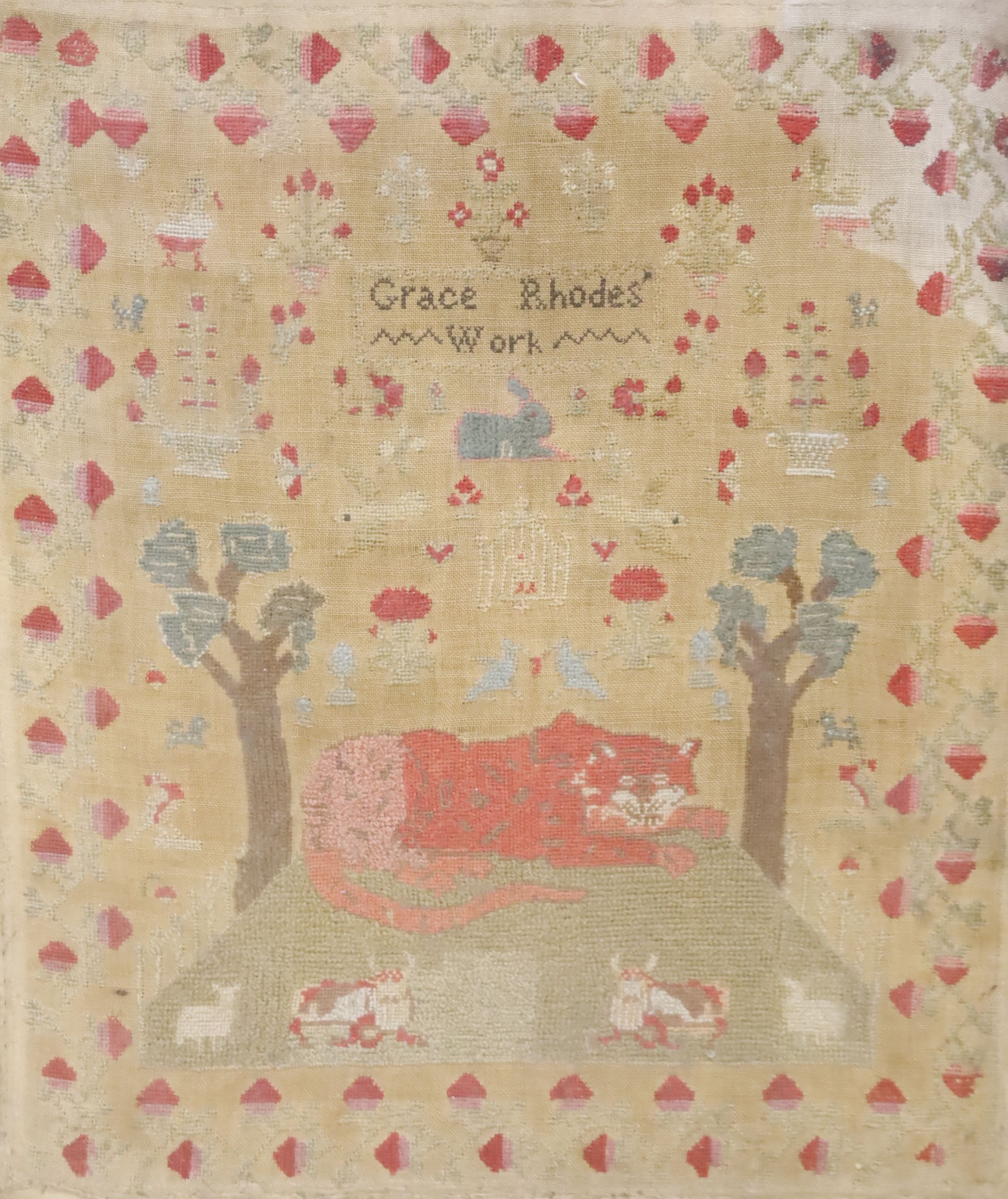 A Victorian needlework sampler by Grace Rhodes, framed, overall 57 x 49cm